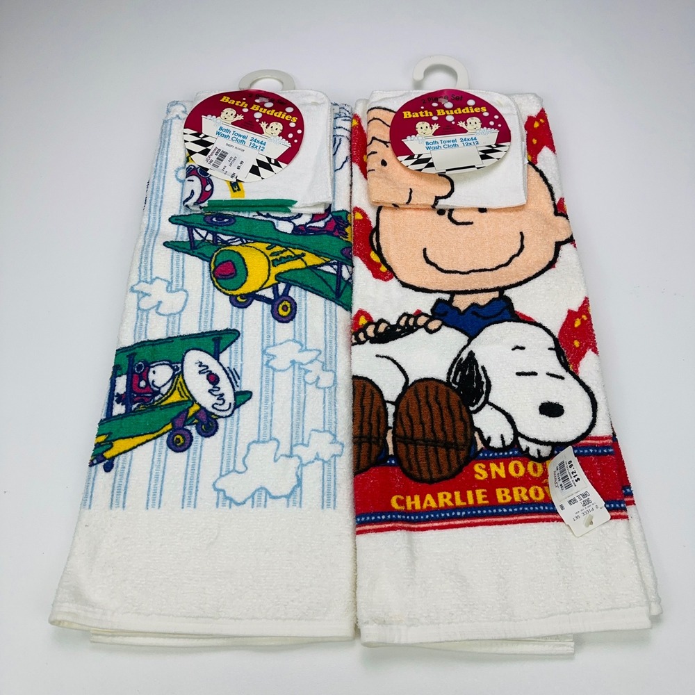 Peanuts Snoopy Charlie Brown 2pc Bath Towel Washcloth Set JCPenney White Aviator